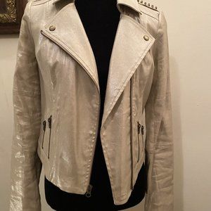 NWOT GUESS Studded Cropped Moto Jacket Metallic Champagne Sz Small